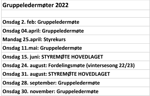 Møteoversikt gruppeledermøte 2022